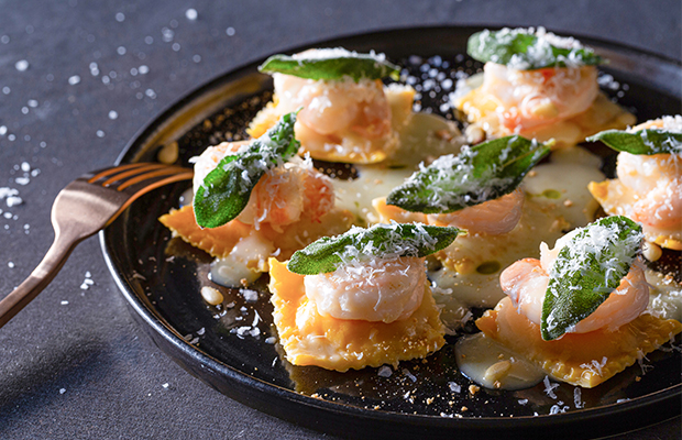 Butternut squash ravioli with prawns