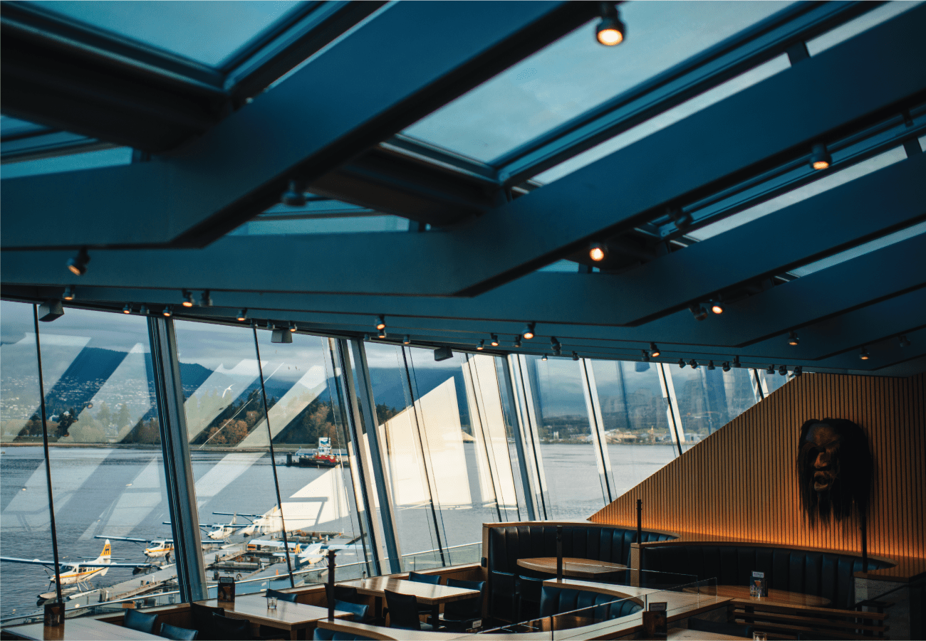 The terrace at our Coal Harbour restaurant offers a spectacular view of the Pacific Ocean.