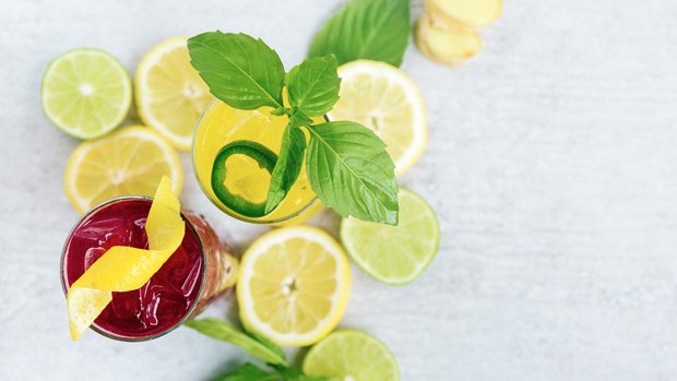 ginger beer, mango, lime, turmeric, jalapeño and thai basil | hibiscus, rose, ginger, white peach, lemon and soda