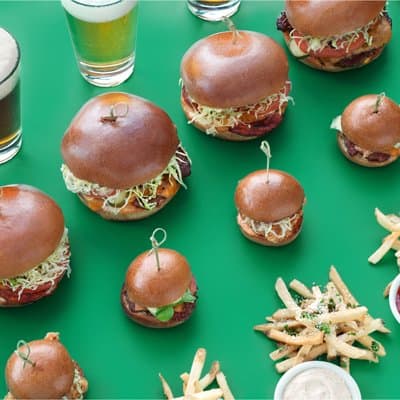 mini crispy chicken sandwiches, mini burgers, cajun chicken sandwich, truffle fries