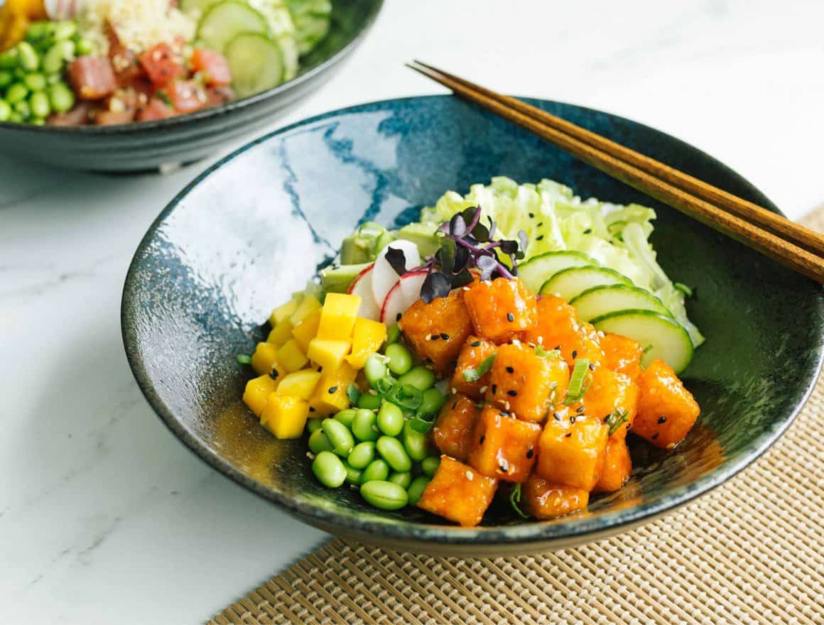 soy chili tofu, jasmine rice, mango, cucumber, avocado, edamame, radish