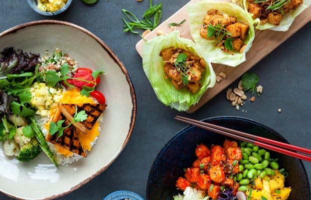 Szechuan Tofu Lettuce Wraps, Soy Grilled Tofu Modern Bowl, Crispy Tofu Bowl