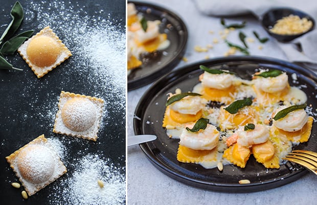 Chef Rob Feenie's signature butternut squash and mascarpone ravioli, truffle butter, sautéed jumbo prawns, pine nuts, crispy sage. 