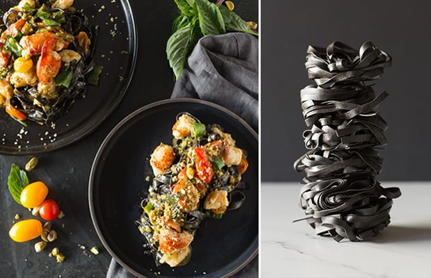Ocean wise™ Canadian lobster and prawns, pistachio green chili pesto, squid ink tagliatelle.